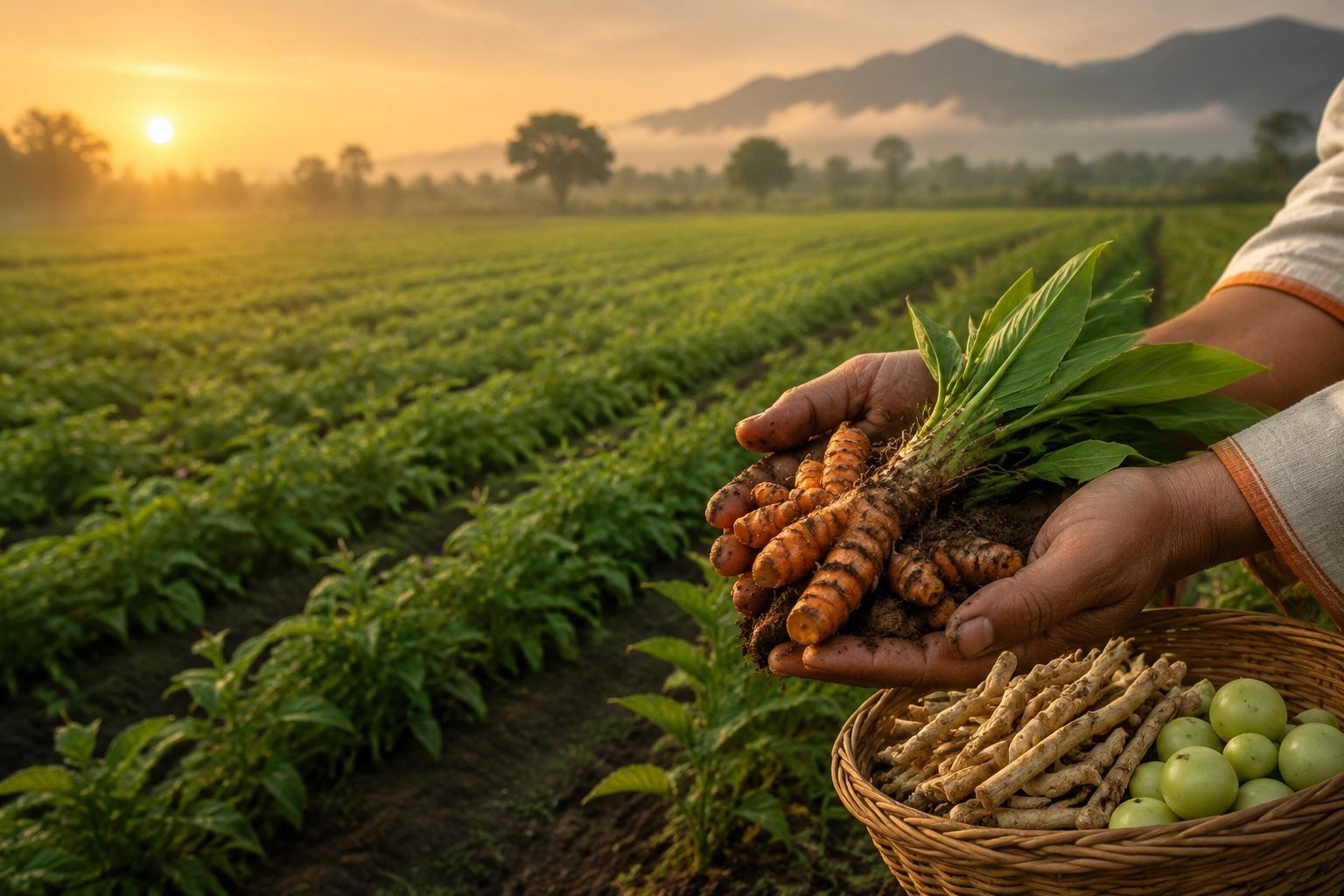 Farmer holding freshly harvested turmeric at sunrise